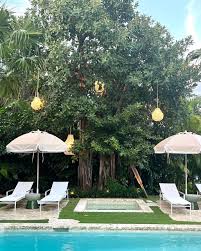 We loved designing the outdoor spaces of this home. The pendant lights in  this banyan add to the mood at twilight. #outdoorlighting #palmbeachdesign  #patioumbrellas #patio #pooldesign #outdoorliving #outdoorlivingroom  #palecek #santabarbaraumbrellas