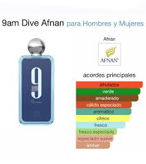 9am Dive de Afnan es una fragancia de la familia olfativa Arom&aacute;tica  Acu&aacute;tica para Hombres y Mujeres. 9am Dive se lanz&oacute; en 2022. Las Notas de  Salida son lim&oacute;n (lima &aacute;cida), menta,