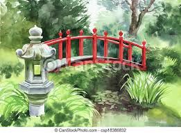 The iconic red bridge crosses two connecting ponds gently rippling over a bed of river rock. Japanese Garden With Red Bridge Japanese Style Garden With Red Bridge Surrounded By Thick Growth Canstock