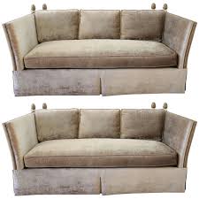 Pair Of Knoll Style Sofas With Acorn Finials In Champagne Velvet Upholstery Sofa Styling Vintage Style Leather Sofa Retro Couch