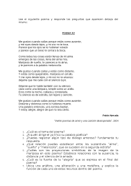 Esto genera un primer sentimiento de soledad con siguiendo el poema encontramos que, en ese pasado, el yo poético da cuenta de un descubrimiento que lo atormenta en el presente en el que. Poema Xv Pablo Neruda Docsity