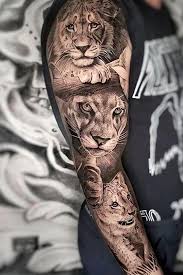 Lion Family Son Wife And Younger Son Father The Lion Is Depicted On The Chest Heals Then There Family Sleeve Tattoo Full Sleeve Tattoos Mens Lion Tattoo