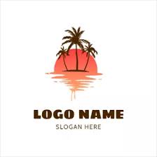 Tropical palm tree mascot cartoon character pointing upwards and standing in front of a blue paint splatter on a travel business logo. Free Palm Tree Logo Designs Designevo Logo Maker