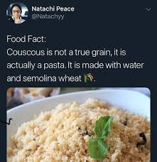 Maybe you would like to learn more about one of these? Abuja Healthy Bakery Cafe On Twitter Food Fact Couscous Is Pasta Not True Grain 1 Cup Cooked Contains 176 Calories 36 5g Carb 2 2g Fiber 6g Protein
