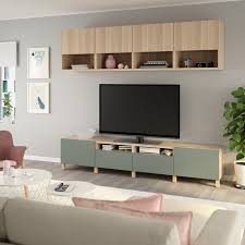 Besta Tv Storage Combination White Stained Oak Effect Lappviken Notviken Stubbarp Grey Green Ikea In 2020 Tv Storage Ikea Living Room Designs