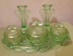 Maybe you would like to learn more about one of these? Vintage Bagley Glass Dressing Table Set Dressing Table Set Carnival Glass Vintage Green Glass