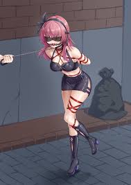 nakamura yuri, angel beats!, absurdres, highres, 1girl, 1other, ankle  boots, arms behind back, ball gag, bare shoulders, bdsm, blindfold,  bondage, boots, bound, bound arms, breasts, cap (user dxfj5558), cleavage,  collar, crop top,