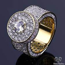 Men S 3d Iced Out Hip Hop 18k Yellow Gold Clear Lab Diamond Pinky Wedding Ring Mens Bling Hip Hop Jewelry Bling Bling Big Stone Ring