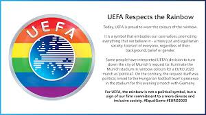 .der uefa kritisiert, das stadion in münchen nicht in regenbogenfarben erstrahlen zu lassen. 2qbllt7ky7gdsm