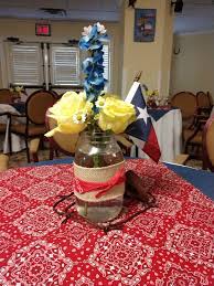 Find something just right for you or your favorite texans! Texas Theme Party Centerpiece Cacti From Michael S Bandana Paisley Fabric Atop Jean Fabric Barb Wire Ribbon F Texas Theme Party Texas Theme Texas Themed Party