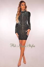 Black Iridescent Rhinestone Pearl Embellished Long Sleeves Dress Dresses Club Outfits Clubwear Women S Fashion Dresses