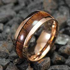 Tungsten Carbide Rose Gold Ring Hawaiian Koa Wood 8mm Width Barrel Shape Comfort Fitment Rings For Men Jewelry Mens Jewelry