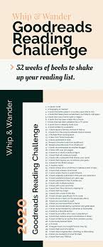 Whip Wander Goodreads Reading Challenge 52 Weeks Of Books To Shake Up Your Reading List In 2020 Reading Challenge Reading List Challenge Book Challenge