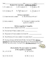 Free Writing And Solving Equation Worksheet Assessment Evaluating Expressions Math Textbook Writing Expressions