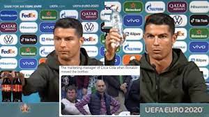 This one action of the footballer at a euro 2020 press conference saw the market value of the beverage brand drop by a mammoth $4 billion. Euro 2020 Cristiano Ronaldo S Act Of Removing Coca Cola Bottles Leads To Hilarious Memefest