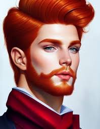 portrait of; hyperrealistic amazing cute redhead man, CENTERED, stylish  hair, glossy lips, retro atmosphere, glitter, shining, by Rene Gore...