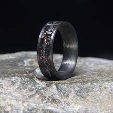 Meteorite Shavings With Black Blue Fire Lab Opal Inlay Carbon Fiber Wedding Band Or Unique Gift Mens Wedding Rings Unconventional Wedding Rings Wedding Rings