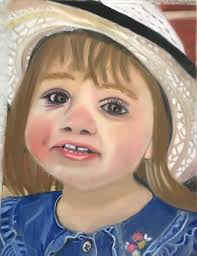 This is my pastel portrait of my daughter who modeled for our portrait  group last May. I am pleased that with my one "good eye" I got a pretty  good likeness. 😉