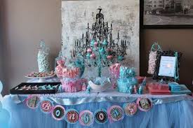 French Paris Themed Gender Reveal Baby Shower In Pink And Blue Dessert Table Complete View Paris Baby Shower Baby Shower Gender Reveal Shower Party