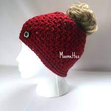 Crochet Handmade Messy Bun Hat Red Beanie Wood Button Running Pony Tail Hat Teens Women Top Knot Hat Messy Bun Hat Messy Bun Beanie Bun Hat