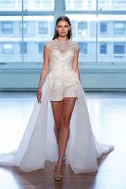 Justin Alexander Signature Style 99043 Geometric Lace Romper With Detachable Train Wedding Dress Trends Wedding Rompers Bridal Jumpsuit