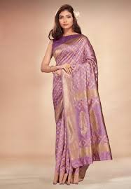 Pair of big statement earrings is a must with net sarees. Light Purple Banarasi Silk Saree With Blouse 216939