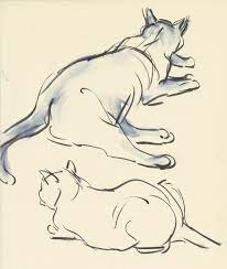 The two drawings were made in pen and brown ink, on a preparatory drawing in stylus, with a brown wash on the back. Deja View House Cat Studies