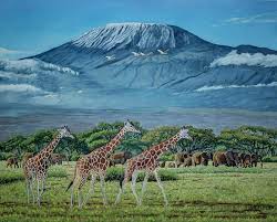 African Giants At Mount Kilimanjaro Original Oil Painting 48x60 In On Gallery Canvas By Manuel Lopez Mount Kilimanjaro Landscape Art Painting Kilimanjaro