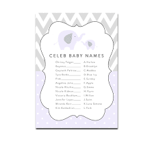 For this reason, elephant themed baby shower continues to trend, making it more popular than most baby shower themes. Free Printable Baby Shower Game Celeb Baby Names Purple Gray Elephant Chevron Instant Download Instant Download Printables