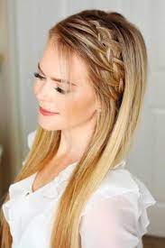 Test out blonde hairstyles with bangs by faking them. Picture Of A Cute Hairstyle For Long Hair With A Side Braided Halo And Soem Bangs For A Relaxed Feel