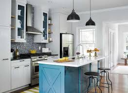 In green, red, blue, and yellow. Blue And Gray Kitchen With Yellow Striped Runner Contemporary Kitchen