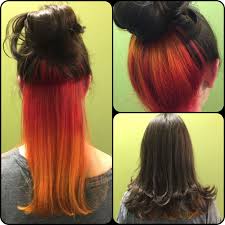 Fire Inspired Hair Peek A Boo Red To Orange To Yellow Color Melt Bright Pravana Vivids Ombre Hair Color Su Hidden Hair Color Peekaboo Hair Trendy Hair Color