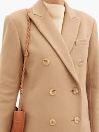 This coat is a true camel brown that's neither too warm nor too cool so it works against any skin tone. Camel Virgin Wool Blend Double Breasted Coat Editorialist