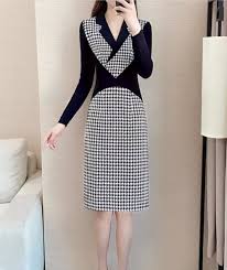 Đầm body cổ vest họa tiết caro phối màu | Muasam24 - Yên Tâm Mua Sắm