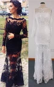 Black And White Long Gown With Sleeves Mermaid Evening Dresses Black Lace Formal Dress Full Sleeve Prom Dress Sheath White Lace Ev Full Sleeve Prom Dress Evening Dresses Prom Black Lace Formal Dress