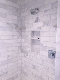 Our Shower In The Master Bath Love It 4x12 Marble Subway Tile With Marble Hexagon Tile Floor Marble Shower Walls Pebble Tile Shower Tile Tub Surround