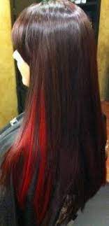 Red hair streaks add interesting shades to brown hair. I Fancy Some Bright Red Streaks Through My Hair Would Involve Bleaching It First Though Red Balayage Hair Hair Bright Hair Colors