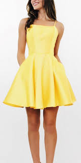 Simple A Line Cross Back Yellow Short Homecoming Dresses With Pockets Pd280 Cute Formal Dresses Yellow Homecoming Dresses Fancy Dresses Short