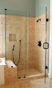 Bathroom Corner Glass Shower Enclosure With Black Door Handle And Black Shower Set With Brown Tiled Ba Shower Stall Bathroom Door Handles Corner Shower Stalls