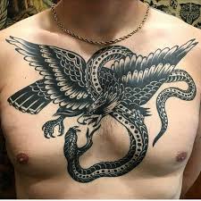 Black And White Traditional Eagle Chest Tattoo Healed Work B Traditional Chest Tattoo Traditional Snake Tattoo Chest Piece Tattoos