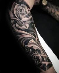 Black And Grey Sleeve Tattoo Mens Black And Grey Ink Filigree Shaded Forearm Sleeve Tattoo With Rose Flower Design Filigree Tattoo Forearm Sleeve Tattoos Best Sleeve Tattoos