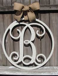 Large Wooden Circle Monogram Script 24 Quot Individual Or Family Initial Monogram Decor With Chippy Ivory Cr Wooden Initials Decorative Monogram Mirror Crafts