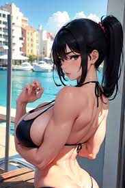 Anime Muscular Huge Boobs 20s Age Pouting Lips Face Black Hair Pixie Hair  Style Light Skin Warm Anime Yacht Back View Yoga Bikini 3666433623330418523  