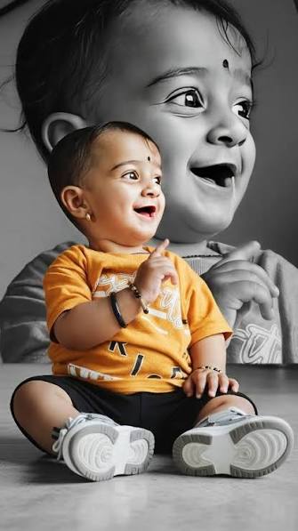Newborn & Milestone Photography — Double Exposure Portrait with Yellow T-Shirt Baby & Monochromatic Background
