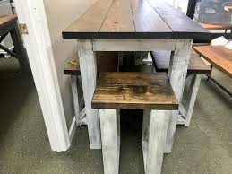 Long Pub Style Farmhouse Table Set With Stools And Tall Benches Dark Walnut Top With White Distressed Base Tall Farmhouse Table Set Farmhouse Table Setting Pub Style Table Farmhouse Table With