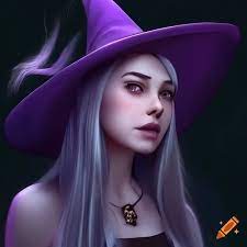 Arafed image of a girl in a witch costume with hat, porfait of a witch,  hyperdetailed fantasy character, hyperrealistic character portait,  realistic fantasy render, white long hair, purple eyes, a crescent moon