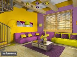 This Yellow And Purple Room Is Very Cool The Colors Are Evened Out On Each Side Yellow And Purple Purple Living Room Yellow Living Room Girls Bedroom Colors