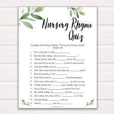 Nursery Rhyme Quiz Baby Game Printable Baby Shower Games Nursery Rhyme Game Botanical Baby Shower Games Greenery Baby Shower Games Gl2 Baby Songs Fun Baby Shower Games Nursery Rhymes