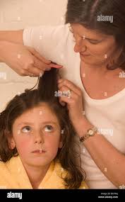Daughter combs hair hi-res stock photography and images