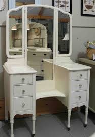 Furniture Old And Vintage Wooden Makeup Vanity Table With 3 Fold Mirror Set And Shelves Between Double Drawer Sta Bedroom Vanity Wooden Vanity Vanity For Sale